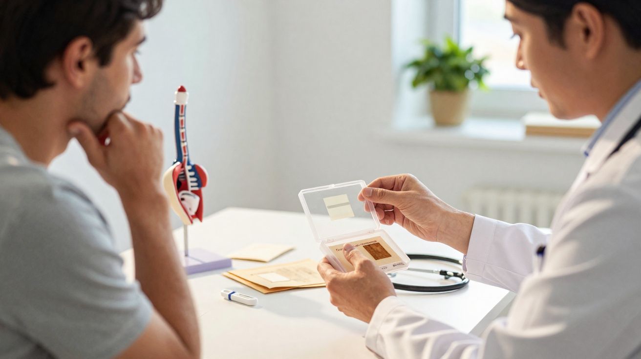 Médico mostra exame ao paciente numa consulta, com modelo anatómico do aparelho respiratório na mesa.