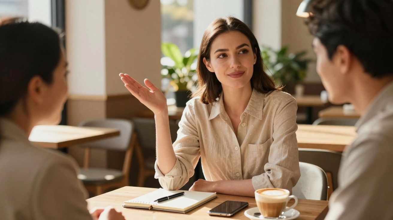 Mulher a falar e gesticular para duas pessoas numa reunião num café com caderno e café à frente.