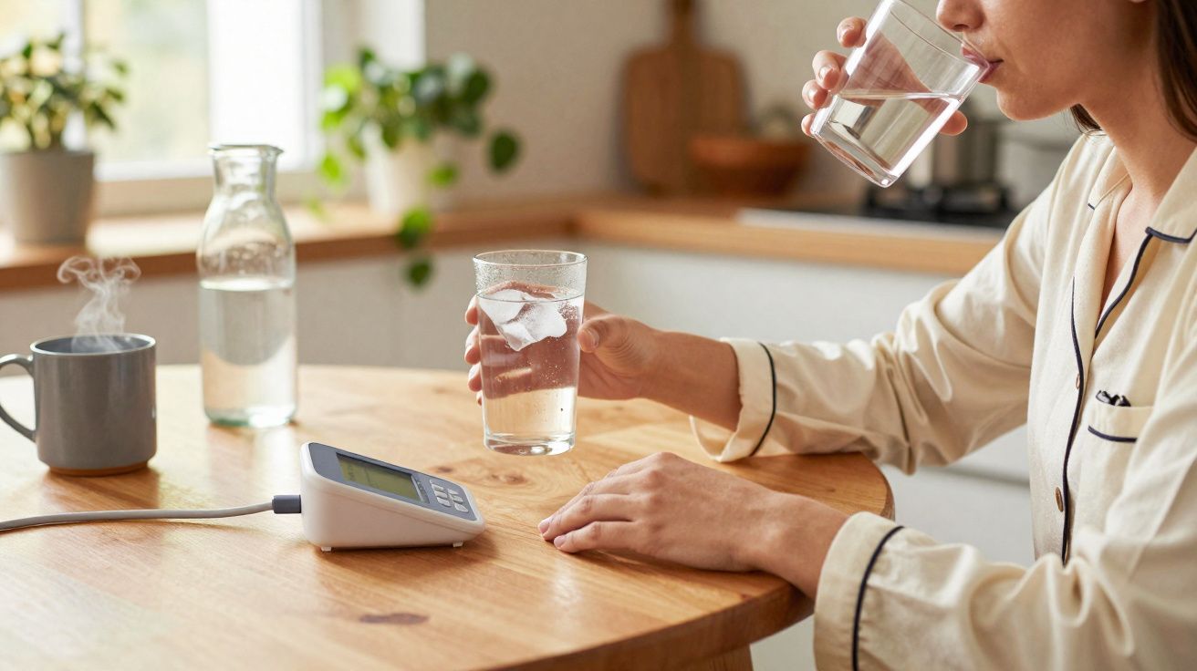 Pessoa a beber água sentada à mesa com medidor de tensão e jarro em ambiente caseiro iluminado.
