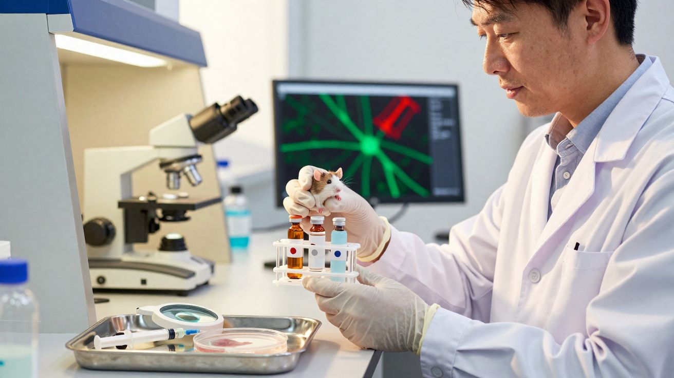 Cientista de luvas a segurar um rato branco num laboratório com microscópio e ecrã ao fundo.