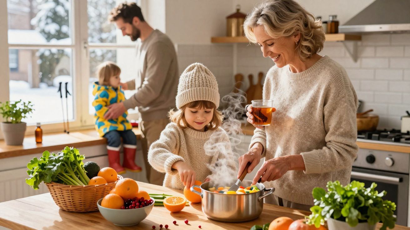 Avó e neta preparam sopa na cozinha enquanto pai segura bebé junto a janela com vista para neve.