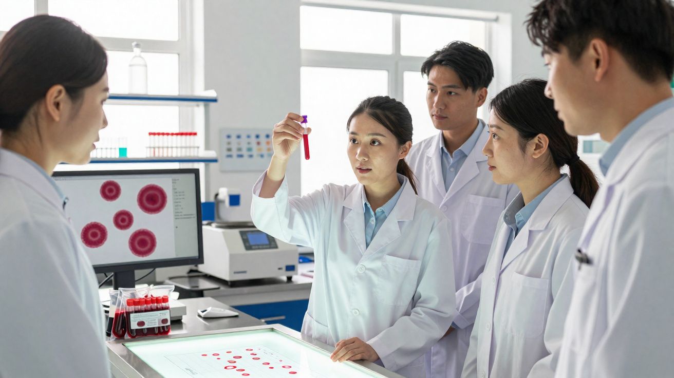 Grupo de cientistas em laboratório a analisar amostra de sangue em tubo de ensaio.