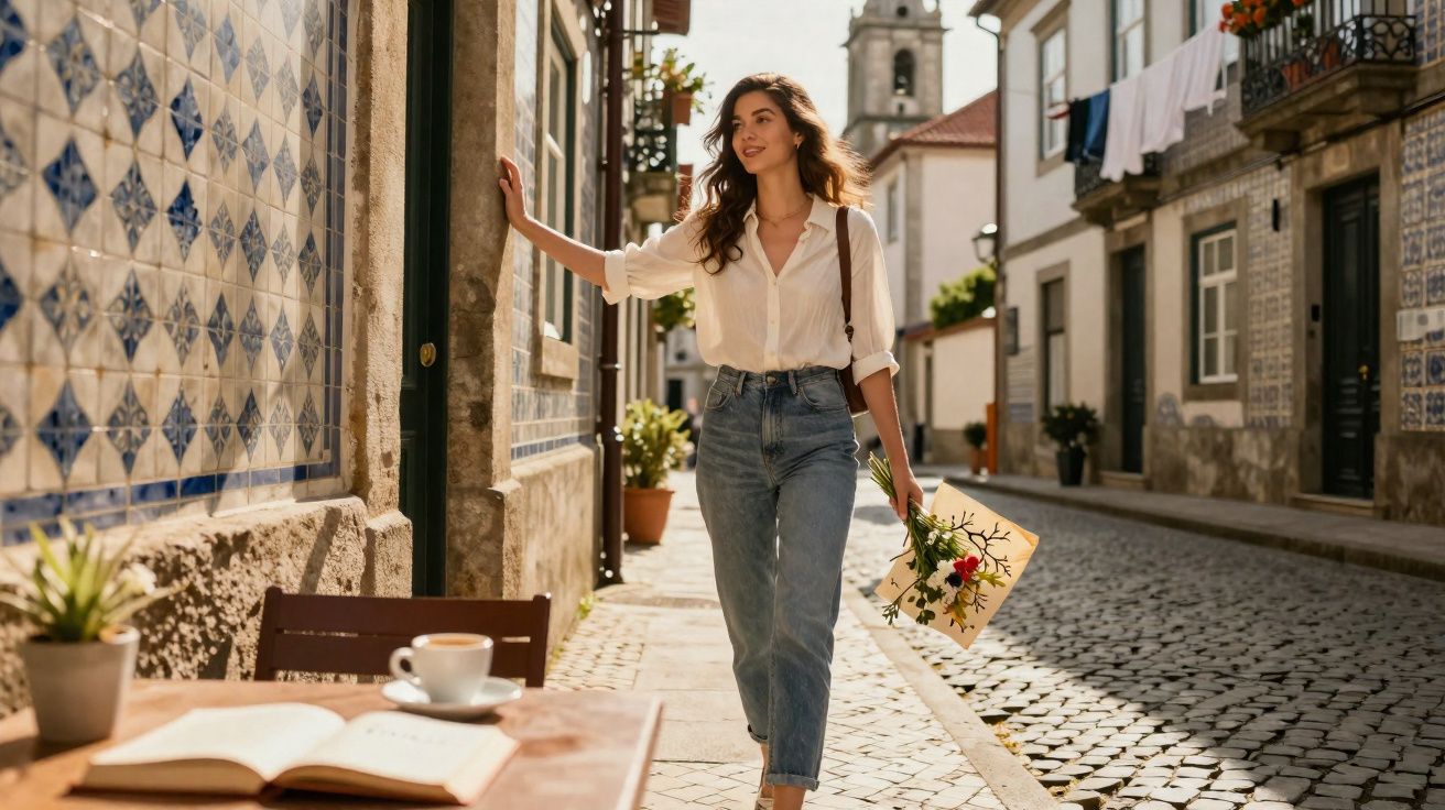 Mulher a caminhar numa rua de calçada portuguesa com flores e azulejos tradicionais nas paredes.