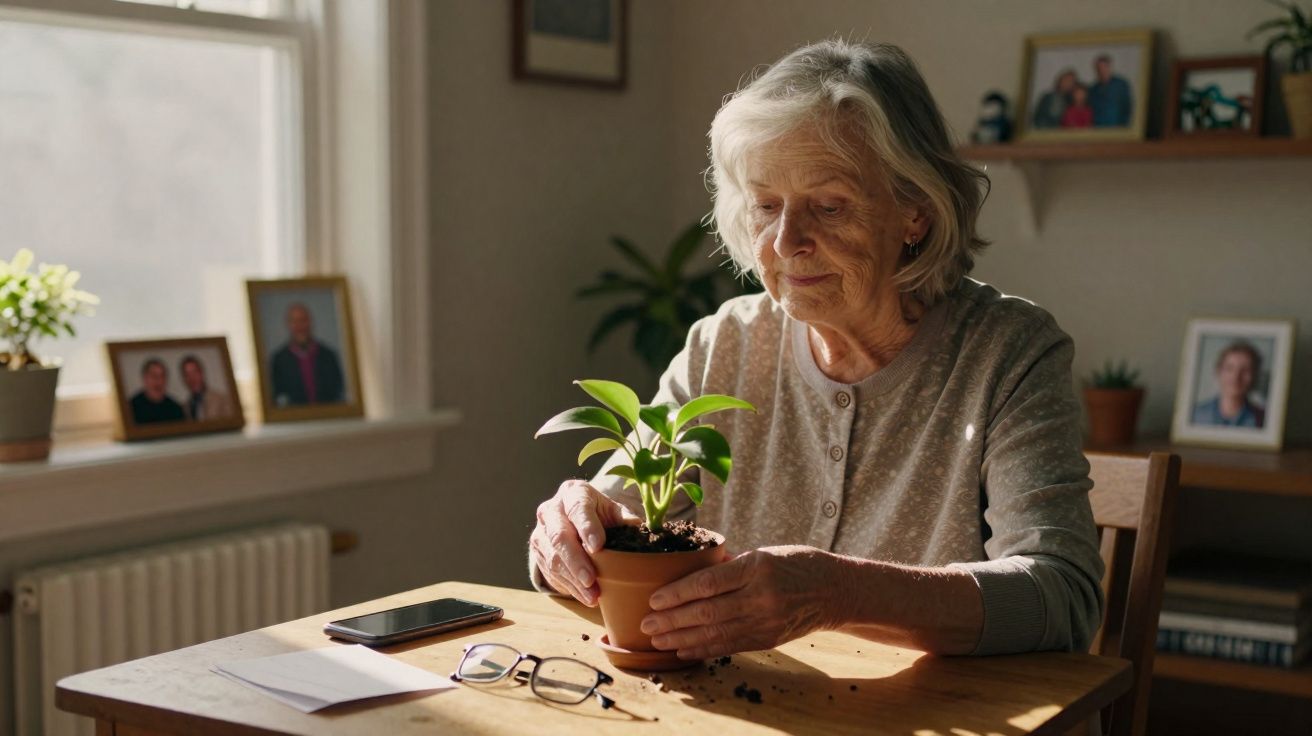 Mulher idosa cuidando de planta em vaso sentada à mesa numa sala iluminada pela luz natural.