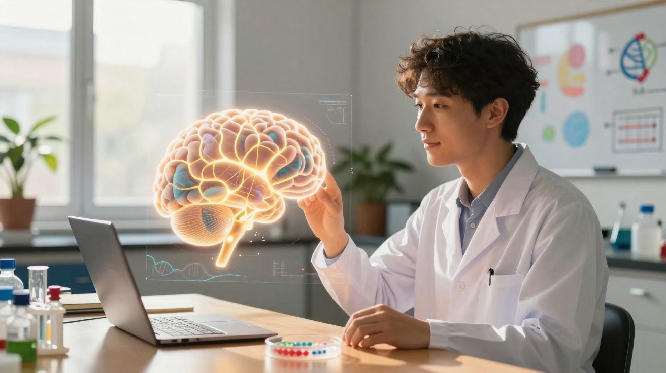 Cientista sentado numa mesa interage com modelo digital de cérebro em laboratório moderno.