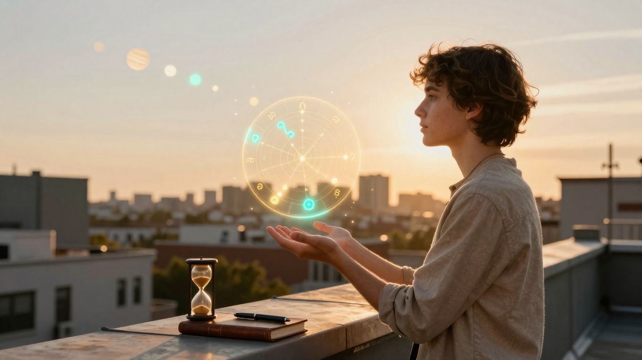 Pessoa jovem contempla holograma de astros ao pôr do sol numa varanda urbana.