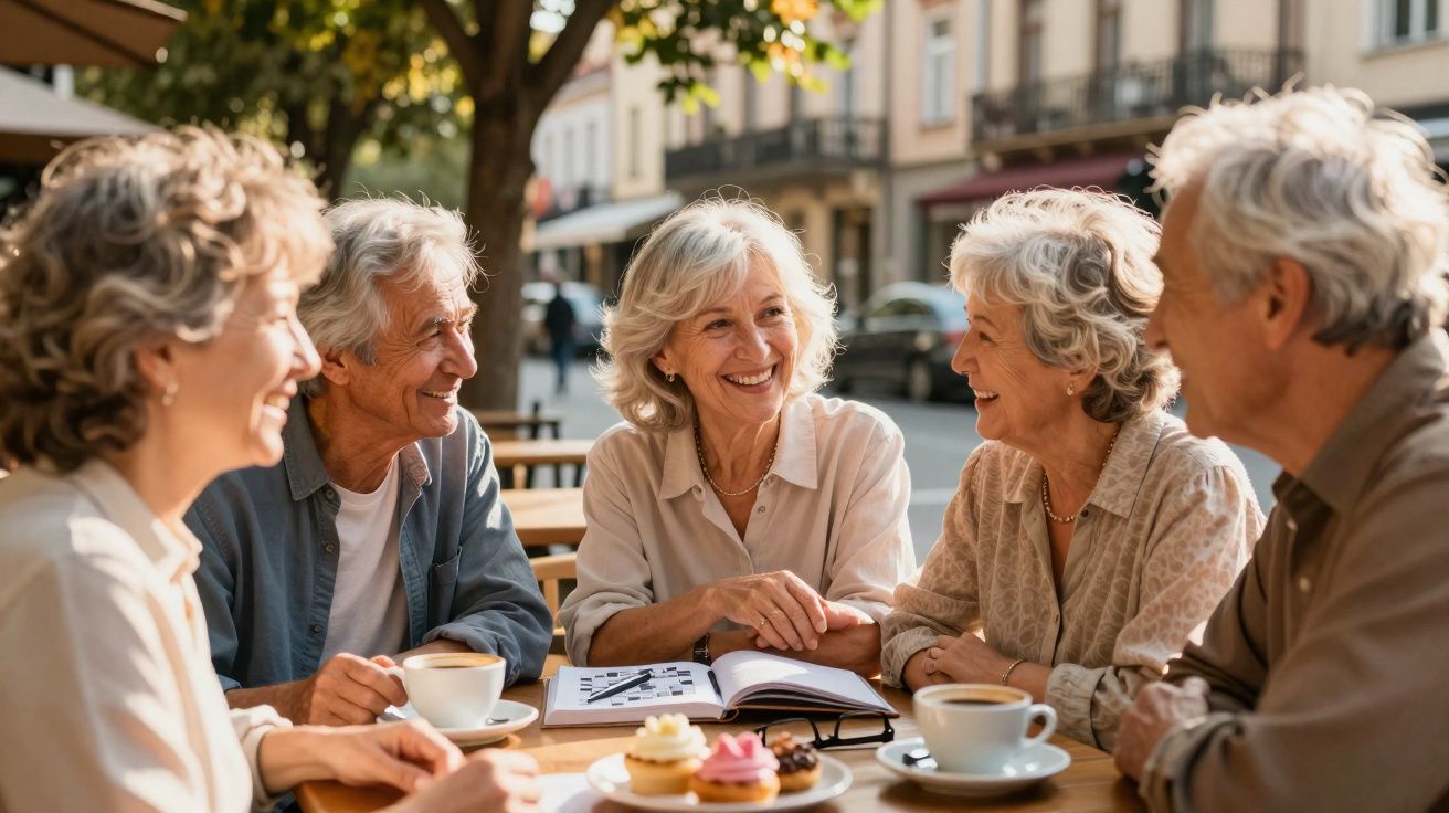 Grupo de amigos idosos a sorrir e conversar num café ao ar livre numa tarde ensolarada.