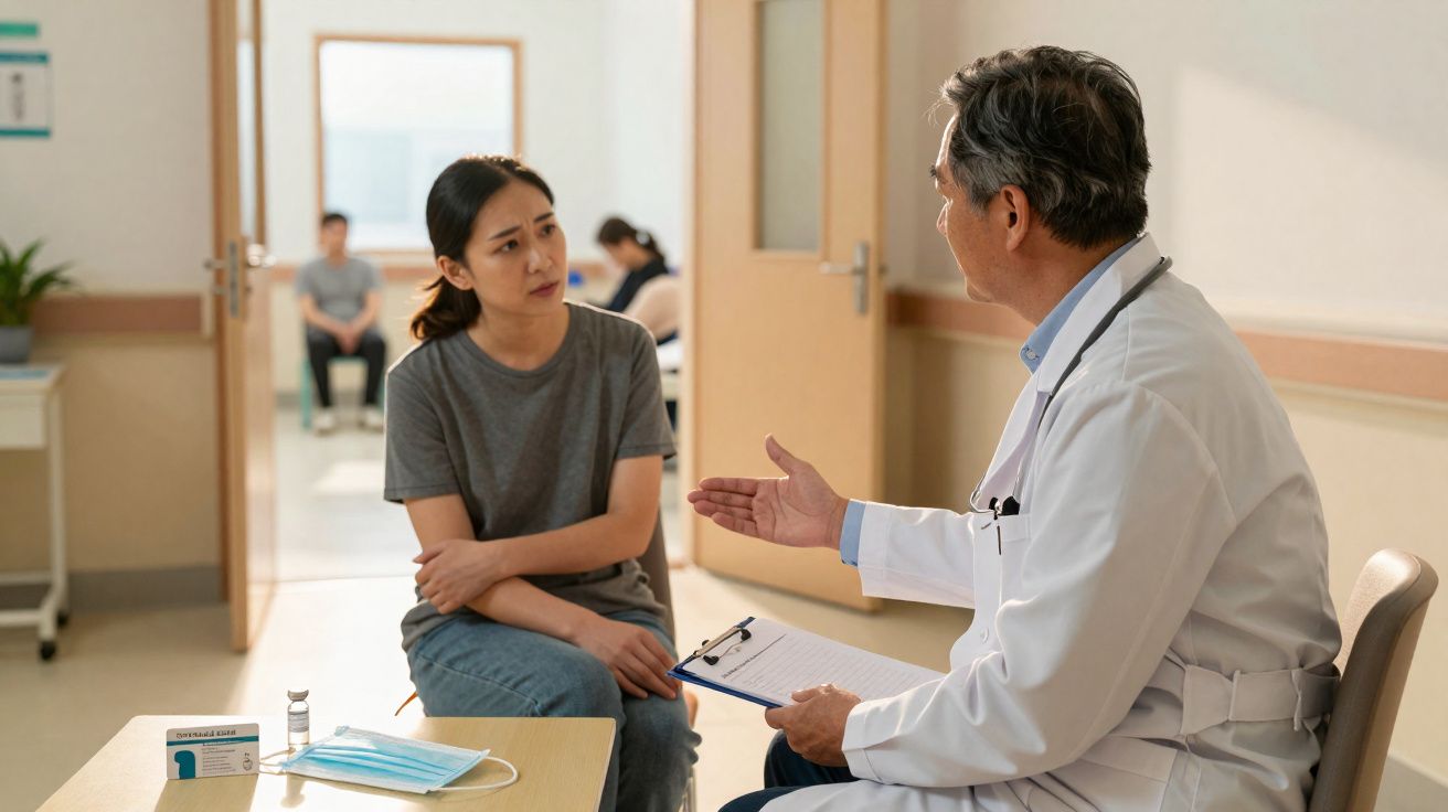 Mulher com cara preocupada conversa com médico sentado em consultório, máscara e medicamento na mesa.