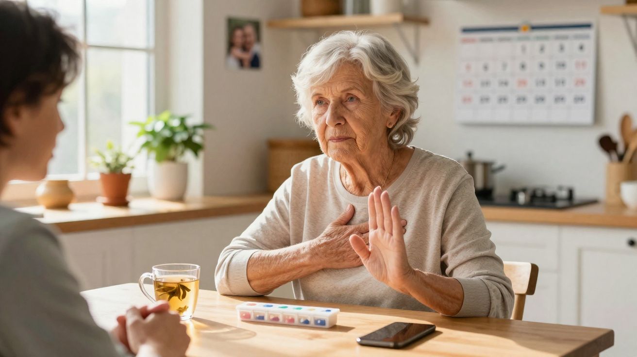 Mulher idosa sentada à mesa na cozinha a recusar tomar medicação, com um doseador e chá à frente.