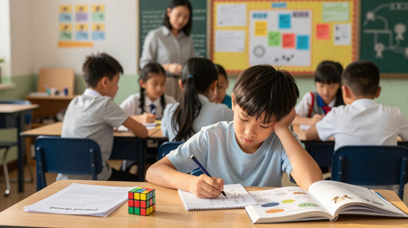 Criança concentrada a fazer desenhos numa sala de aula com outros alunos e professora ao fundo.