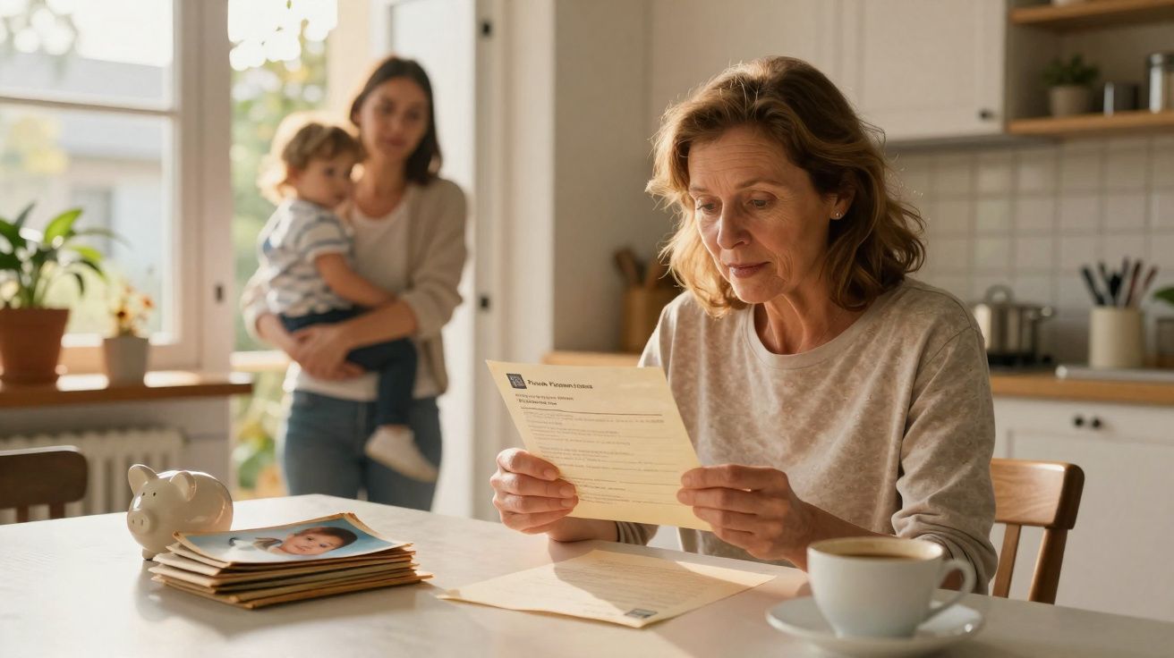 Mulher adulta lê carta preocupada sentada à mesa, com mulher jovem e criança ao fundo numa cozinha iluminada.