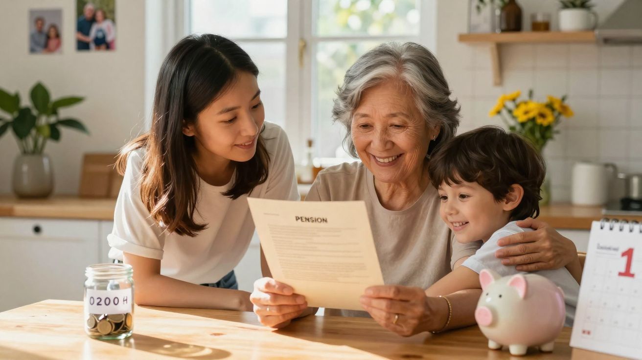 Três gerações reunidas na cozinha a ler um documento sobre pensões, com mealheiro e calendário à mesa.