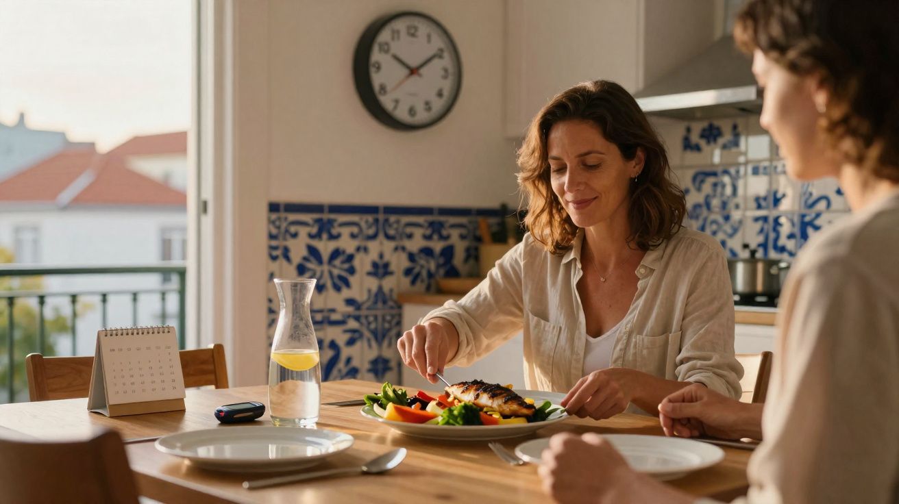 Duas mulheres a jantar numa cozinha com azulejos tradicionais portugueses e relógio na parede às 19h10.