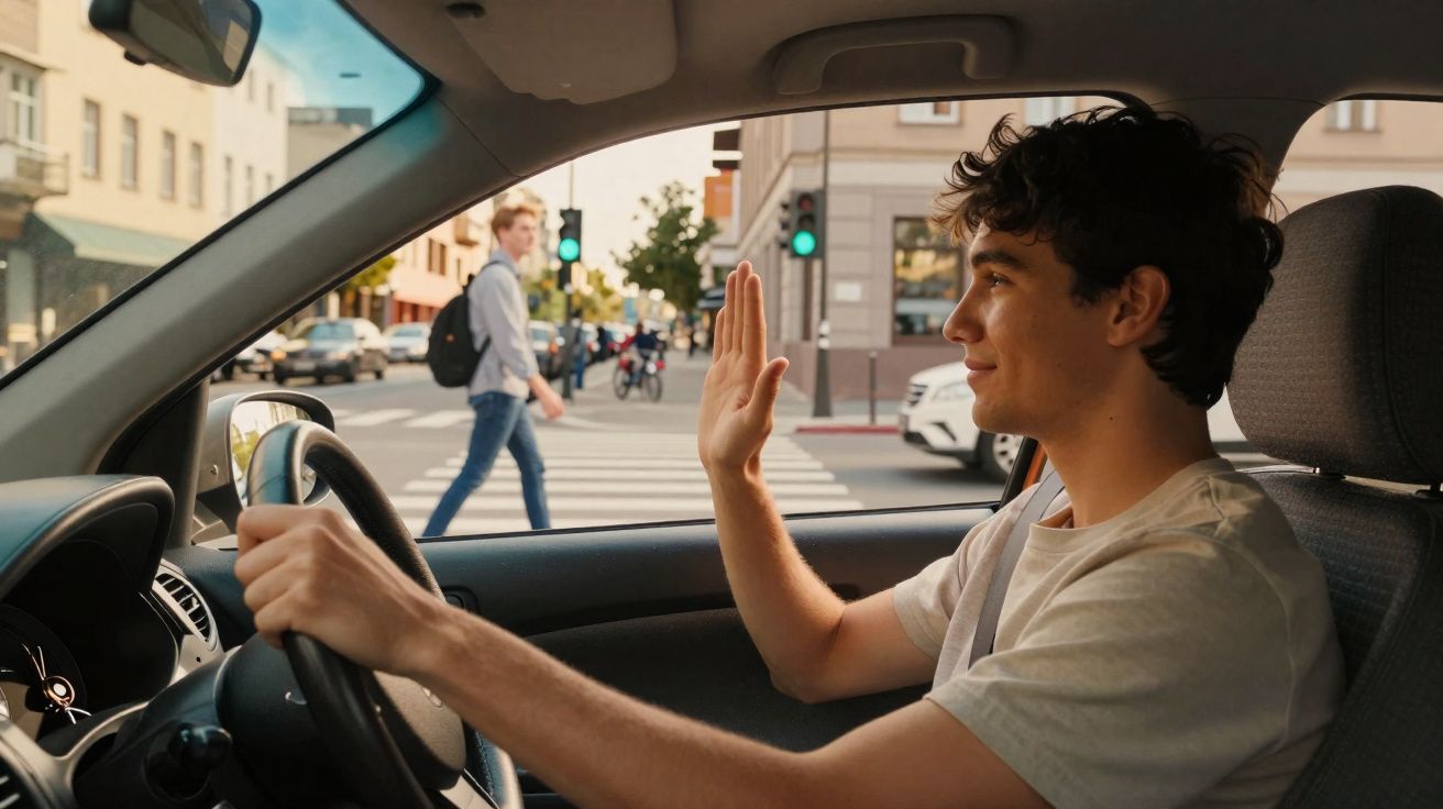 Homem a conduzir carro a acenar para peão na passadeira numa rua da cidade com semáforo verde.