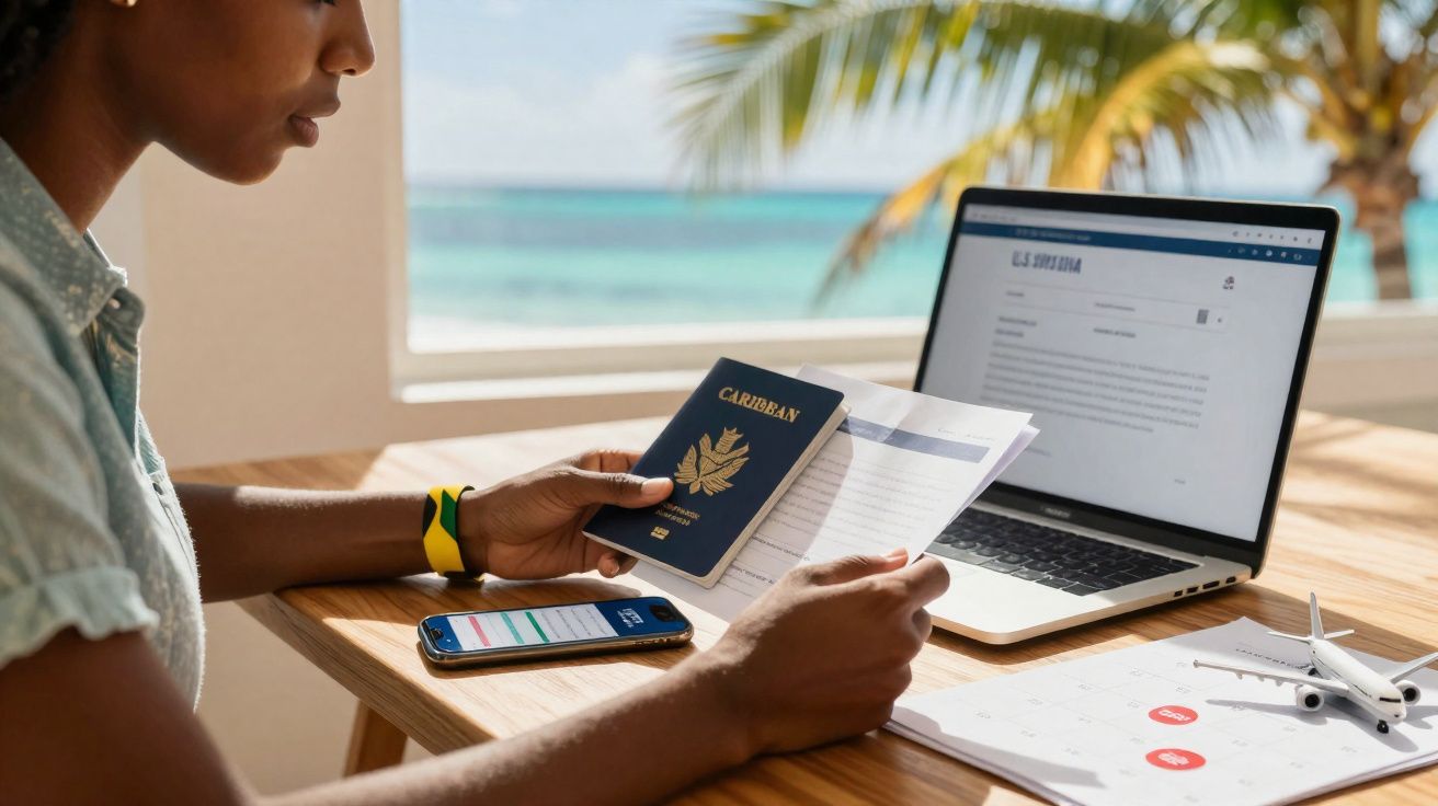 Pessoa a preparar documentos de viagem com passaporte caribenho e laptop com vista para praia ao fundo.