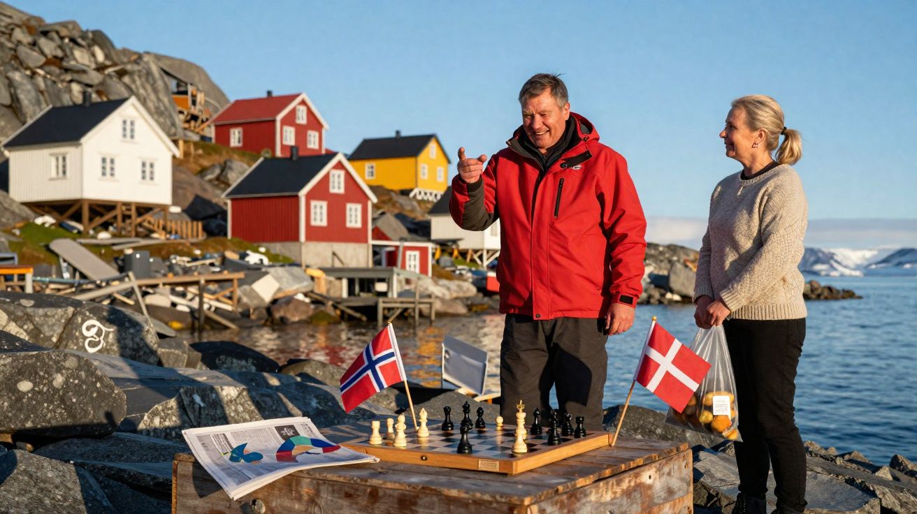 Casal frustrado a jogar xadrez ao ar livre junto ao mar e casas coloridas num dia soalheiro.