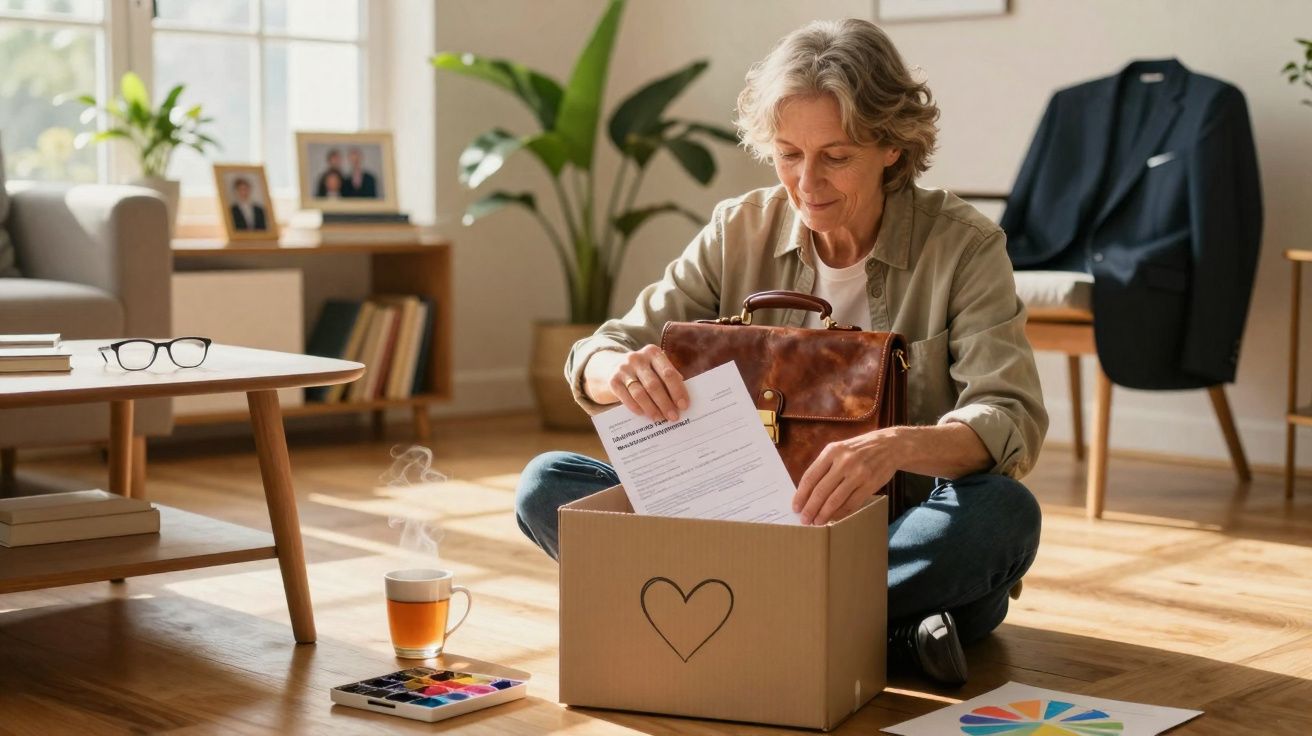 Pessoa sentada no chão a colocar documentos numa caixa com desenho de coração num ambiente acolhedor.