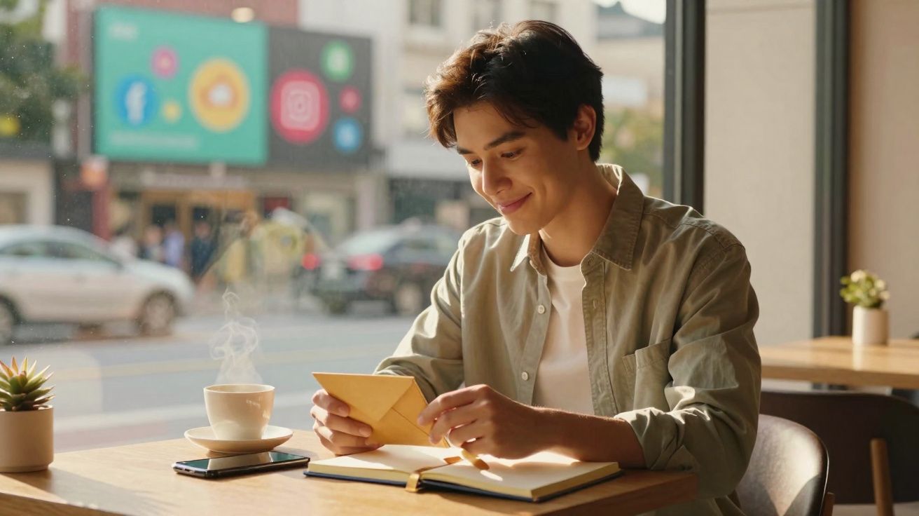 Jovem sentado numa cafetaria a ler uma carta, com chá a vaporizar e smartphone sobre a mesa.