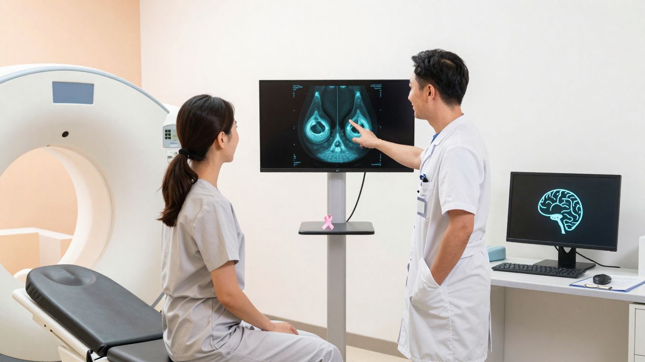 Médico a explicar mamografia a paciente numa sala de exame com máquina de ressonância magnética.