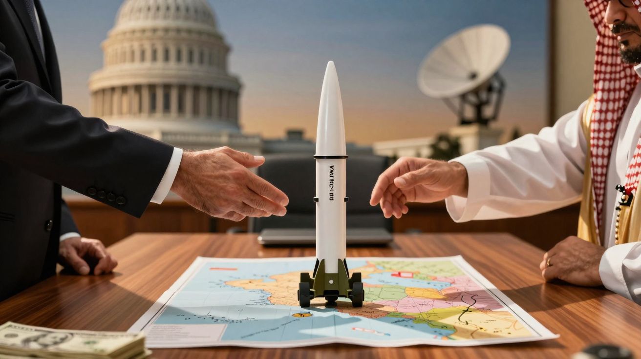 Duas pessoas estendem as mãos sobre um modelo de míssil em cima de um mapa numa sala oficial com cúpula ao fundo.