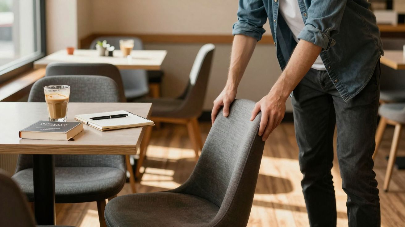 Pessoa a puxar cadeira num café com mesa, livro, caderno, caneta e café com leite.