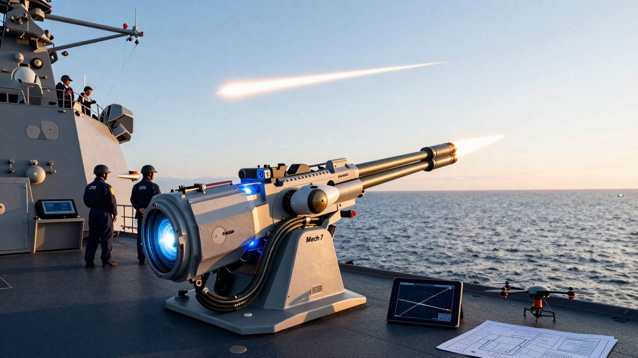 Canhão elétrico moderno a disparar a partir de um navio de guerra no mar ao pôr do sol.