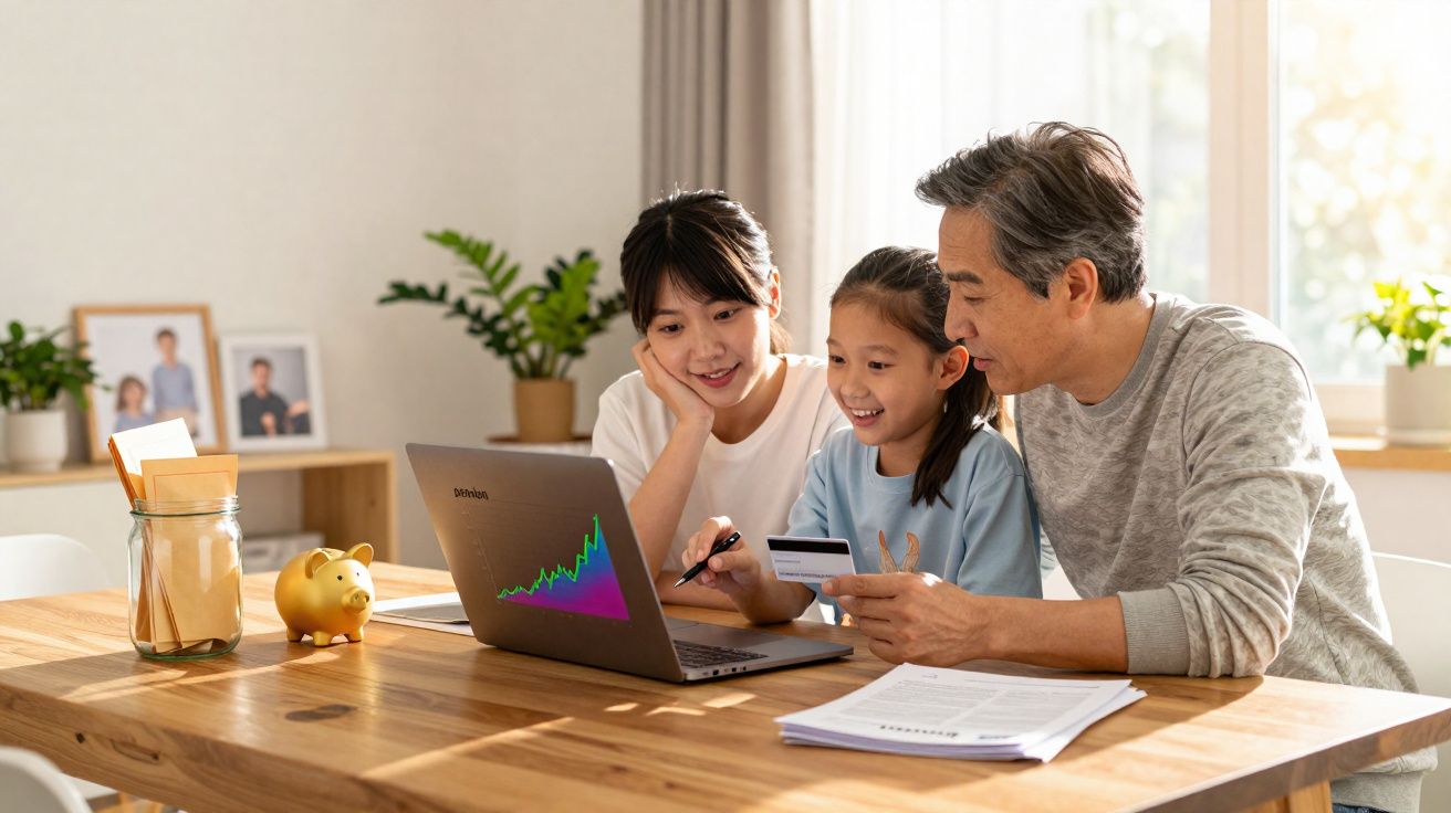 Família asiática junta-se à volta de portátil para analisar finanças com cartão de crédito e documento na mesa.