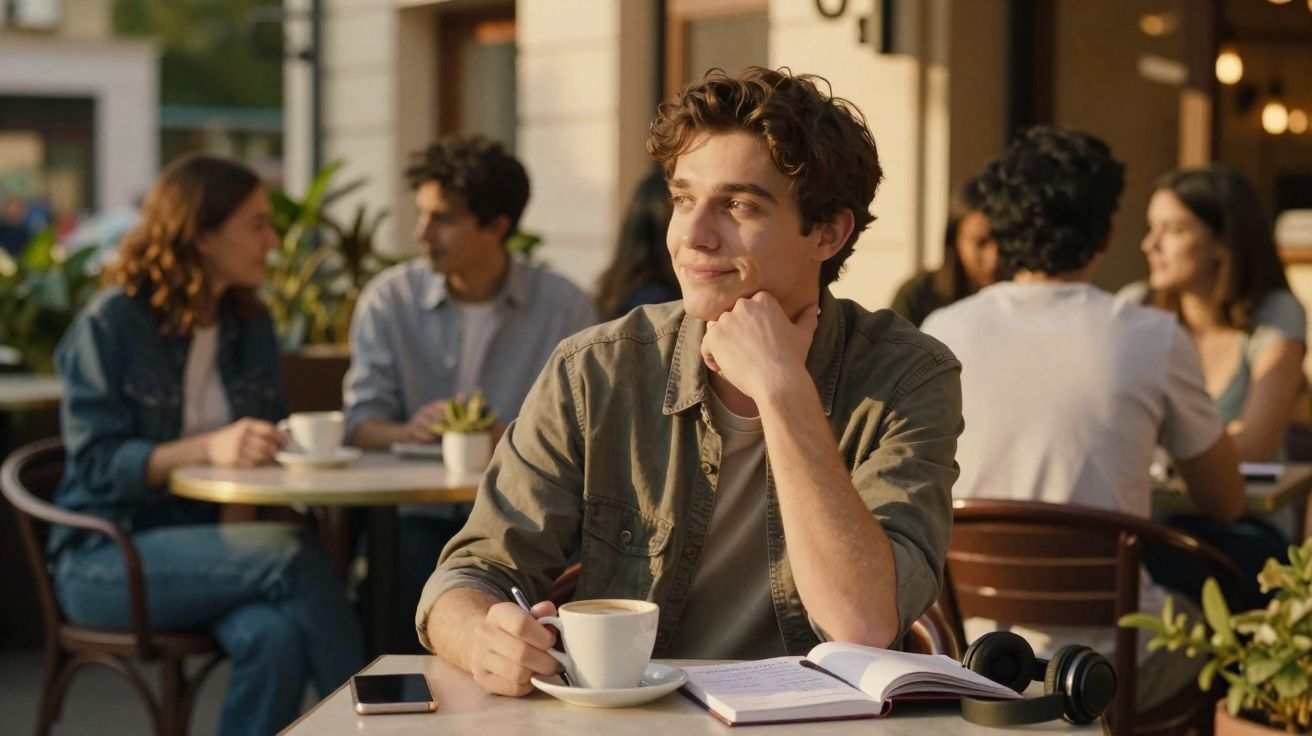 Jovem sentado numa esplanada com café, livro aberto, auscultadores e telemóvel à sua frente, olhando pensativo.