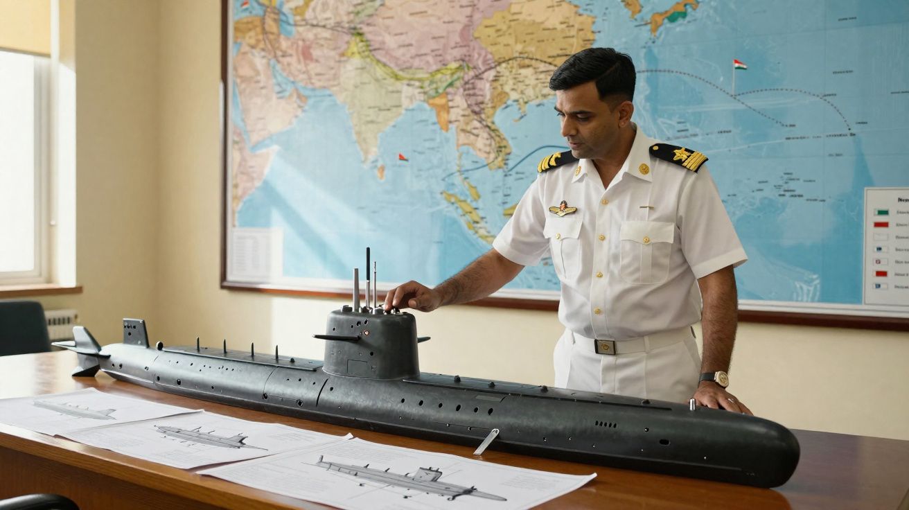 Oficial naval indiano em uniforme branco observa modelo de submarino numa mesa com plantas técnicas e mapa mundial ao fundo.