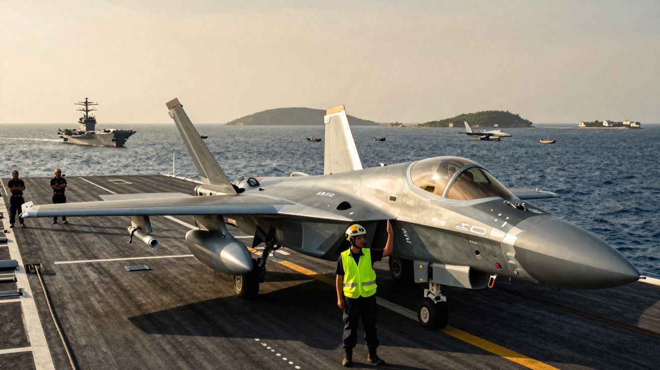 Caça militar em convés de porta-aviões com tripulante de colete e capacete a orientar operação no mar.