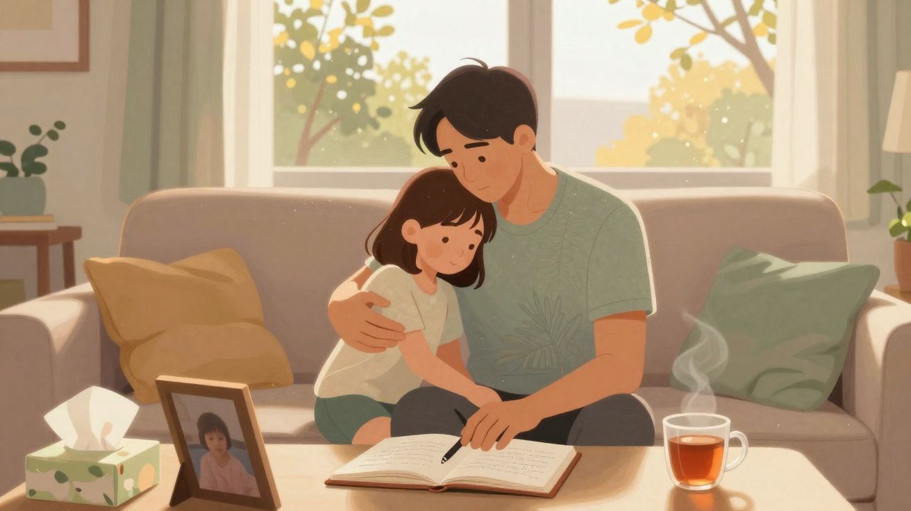 Pai e filha sentados no sofá a ler um livro, lado a lado numa sala iluminada pela manhã.