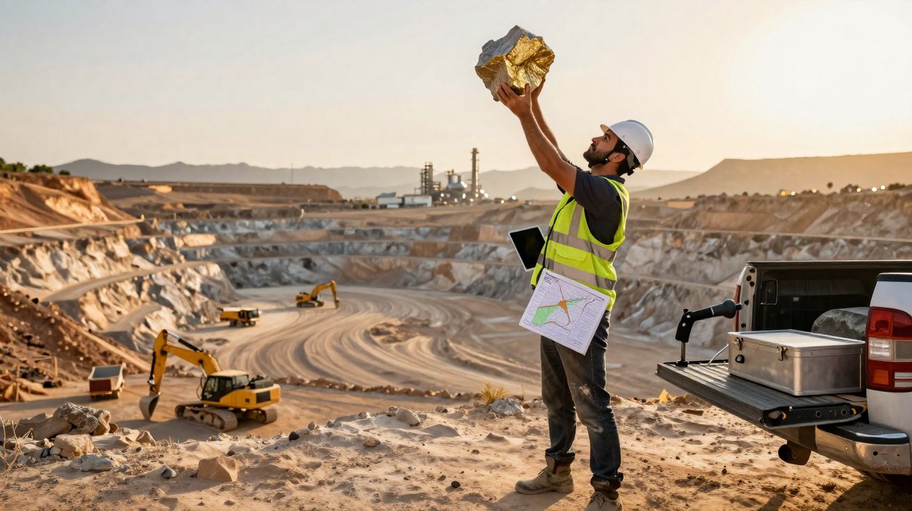 Geólogo com capacete e colete refletor analisa pedaço de minério numa mina a céu aberto.