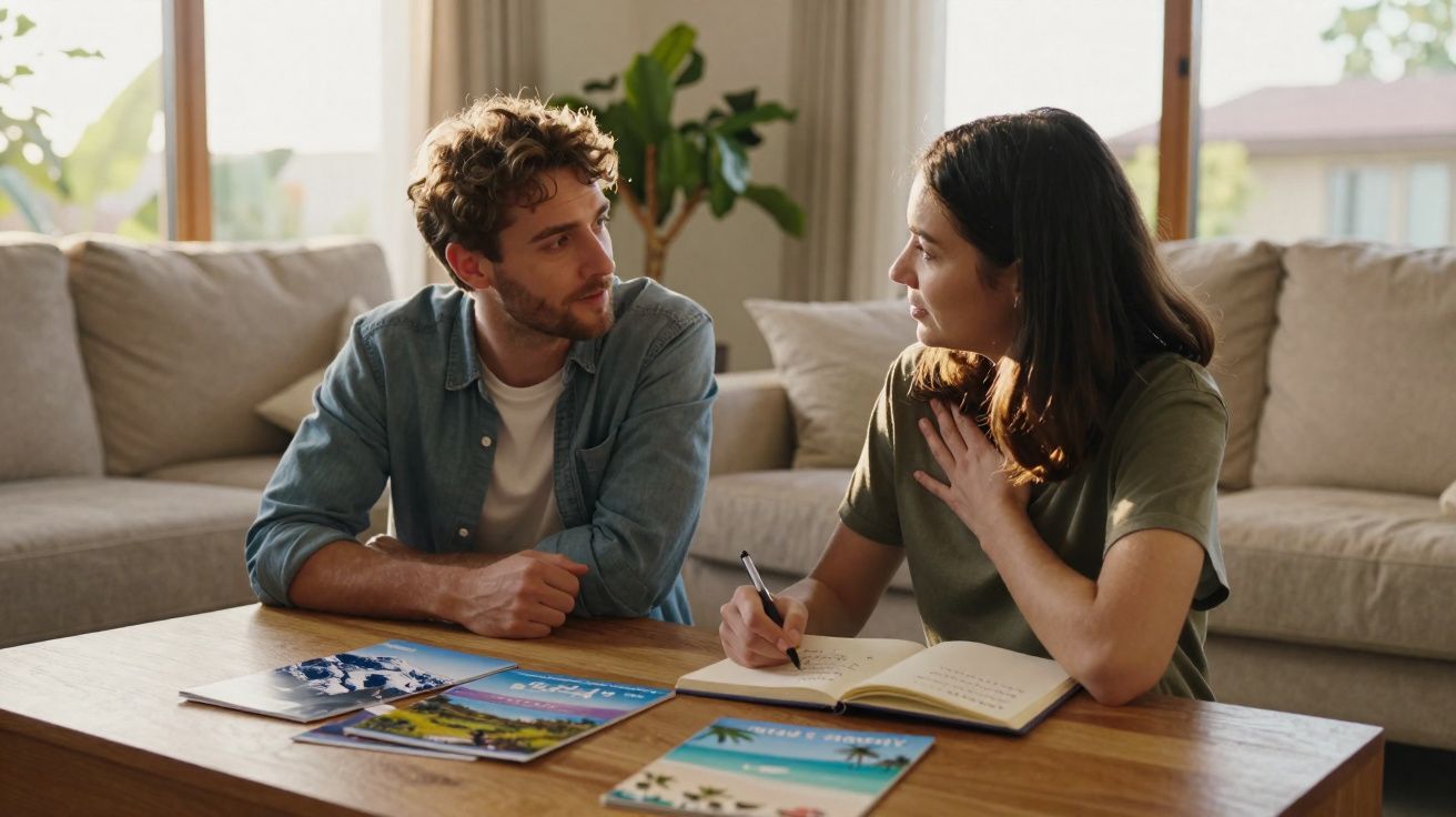 Dois jovens sentados à mesa discutem enquanto uma escreve num caderno, com revistas espalhadas à sua frente.