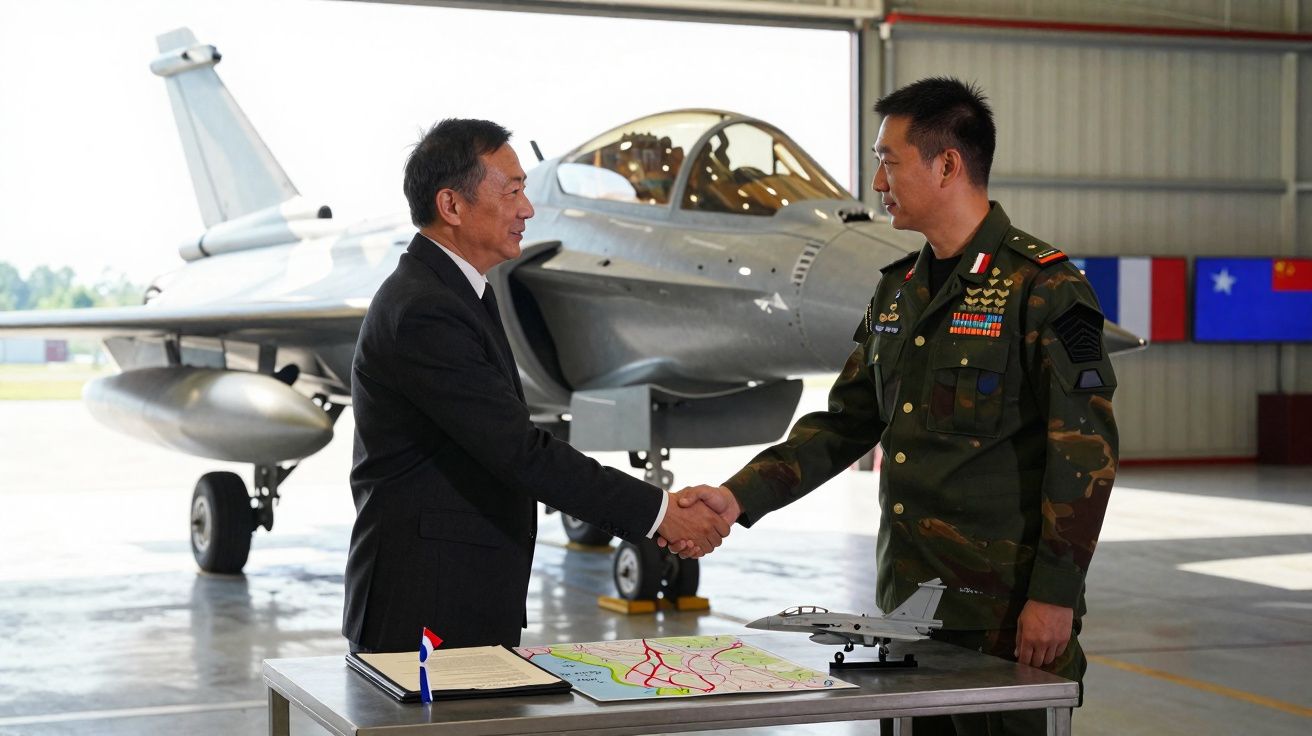 Dois homens dão as mãos junto a mesa com maquete de avião e documentos, com caça militar ao fundo.