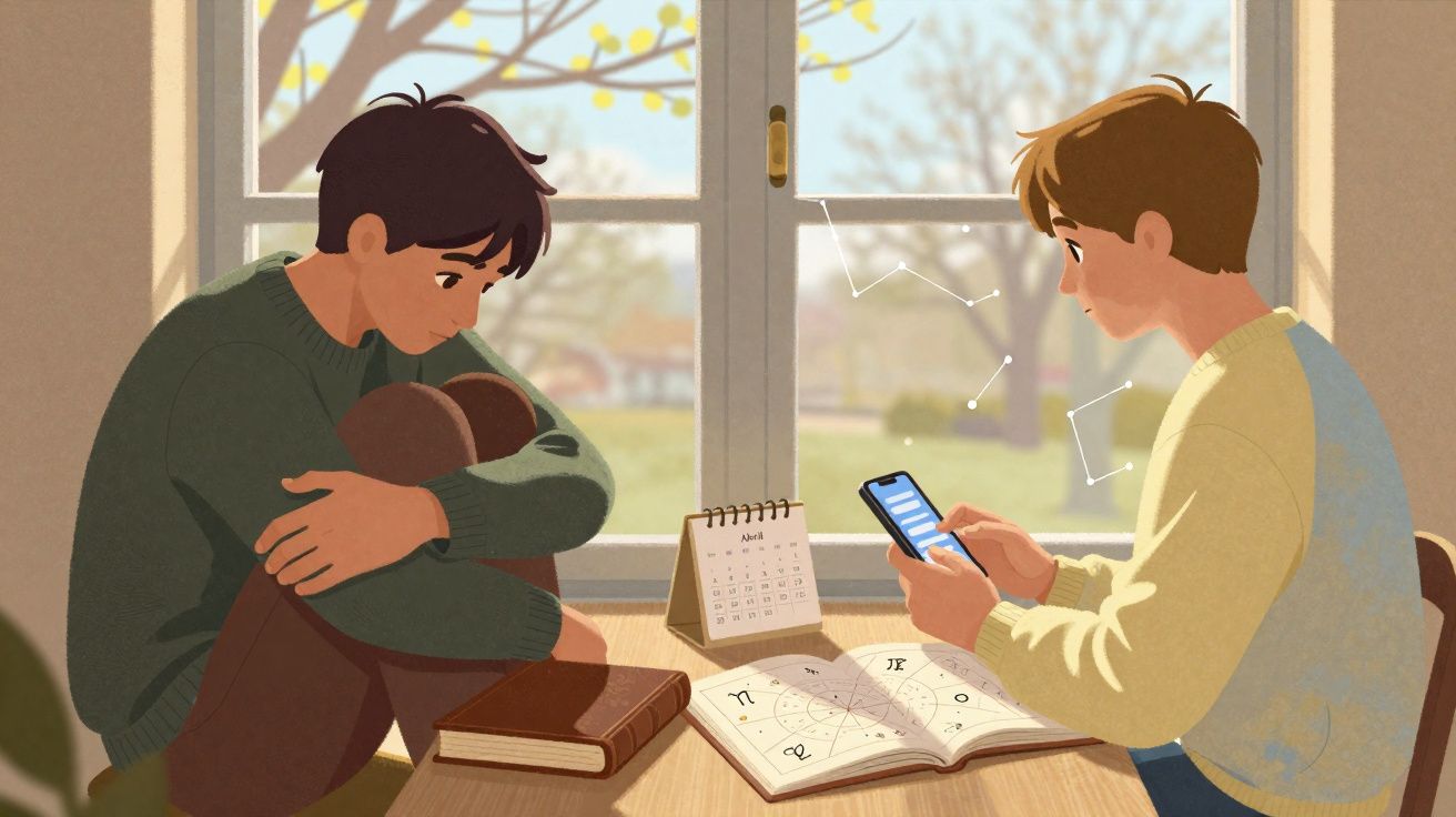 Dois jovens sentados à mesa junto a uma janela, com livros, calendário e aplicação de astrologia no telemóvel.