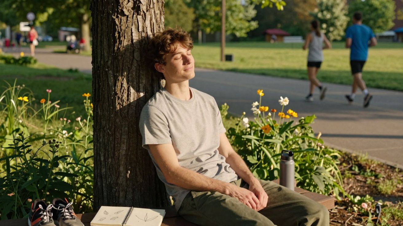 Jovem sentado encostado numa árvore num parque, relaxando ao sol com caderno e garrafa ao lado.