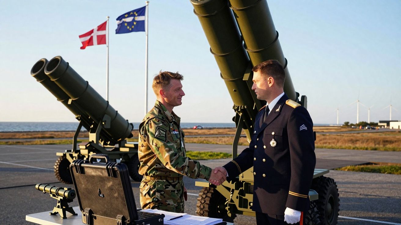 Dois militares em uniforme apertam as mãos junto a armamento pesado ao ar livre com bandeiras da Dinamarca e UE ao fundo.