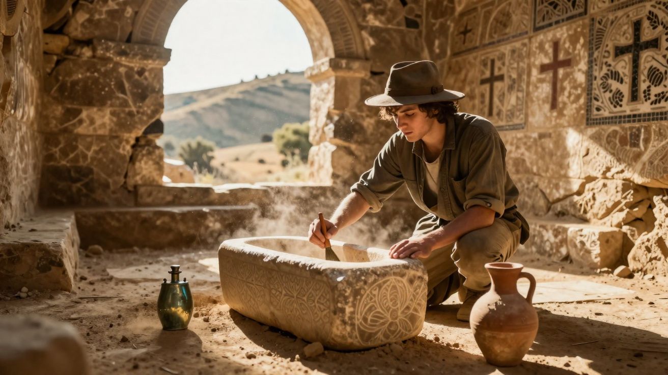 Jovem arqueólogo escava artefacto antigo decorado numa ruína histórica com jarros e paisagem montanhosa ao fundo.