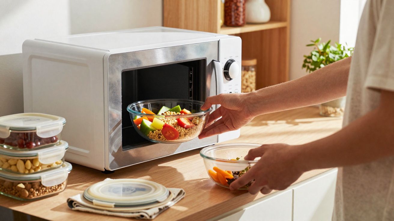 Pessoa a colocar taça com salada colorida dentro de micro-ondas numa cozinha moderna.