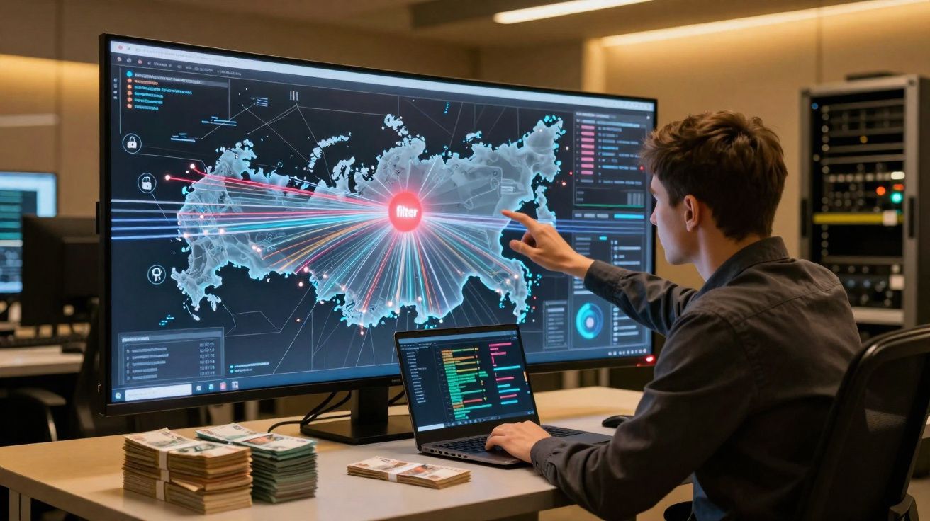Pessoa a trabalhar numa sala com um mapa digital detalhado e múltiplas telas de computador à frente.