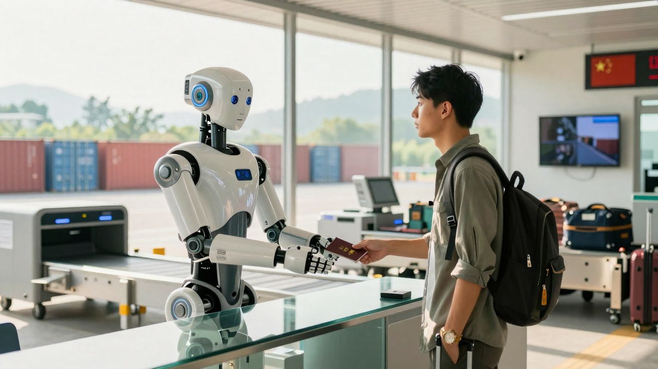 Homem entrega passaporte a robot em balcão de controlo de segurança num aeroporto moderno.