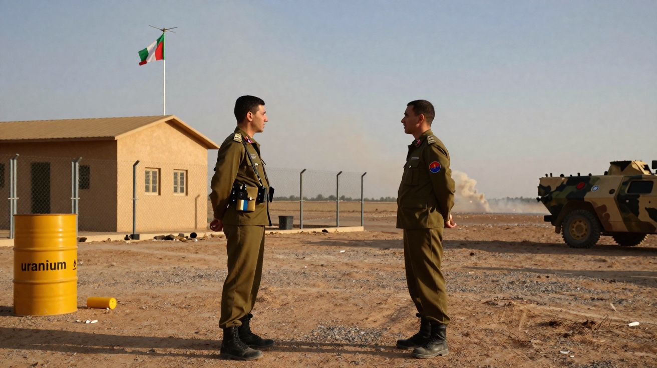 Dois soldados em uniforme verde em posição de sentido numa área árida com barril amarelo marcado "uranium" e veículo militar 