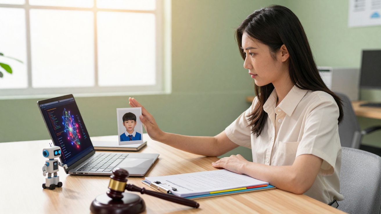 Mulher numa mesa com foto de criança, computador, martelo de juiz e robot pequeno.