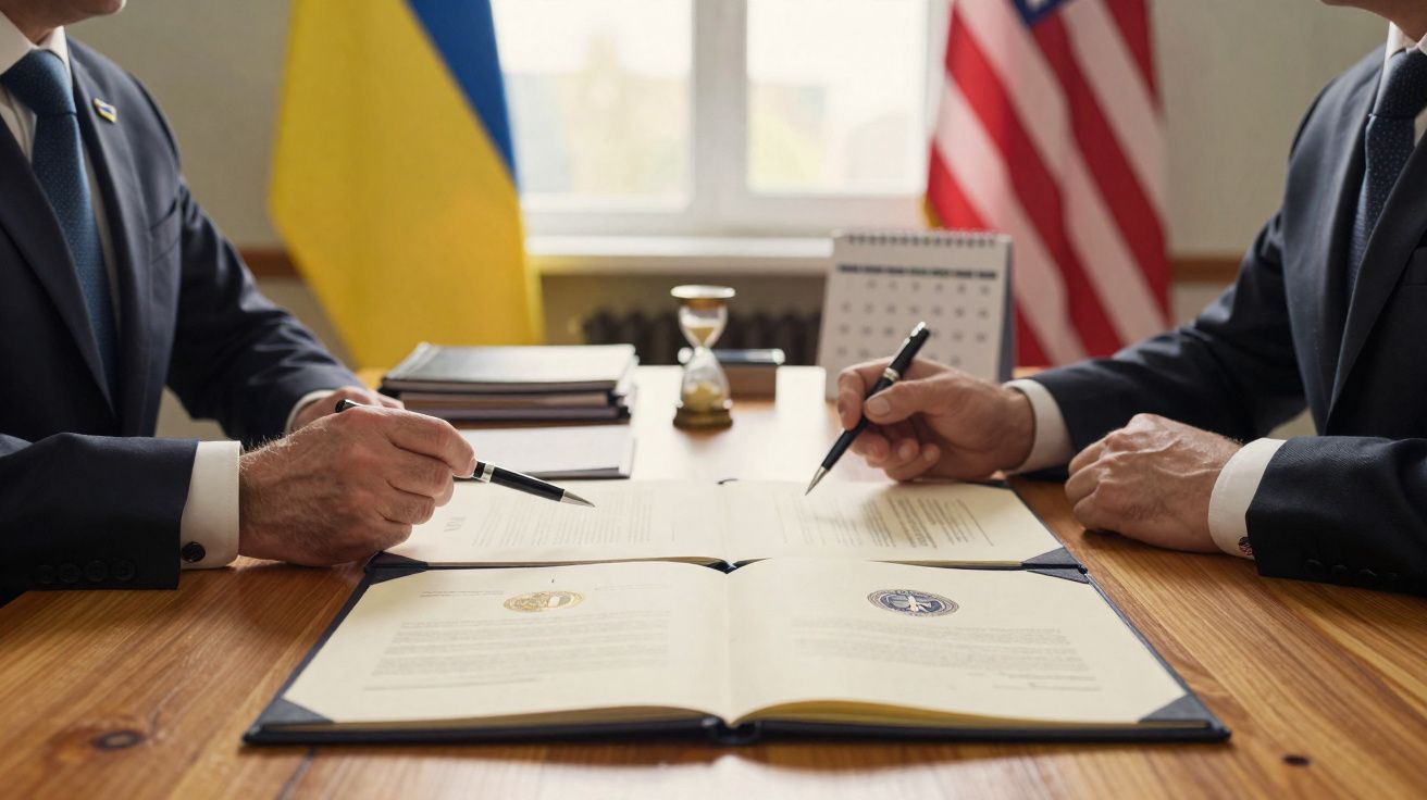 Duas pessoas em fato a assinar documentos oficiais numa mesa com bandeiras da Ucrânia e dos EUA ao fundo.