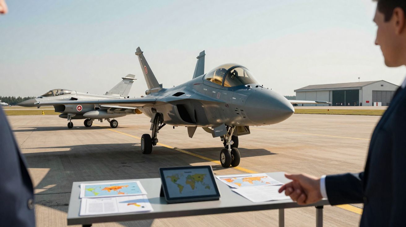 Dois aviões militares estacionados num aeroporto com pessoas a analisar mapas numa mesa ao ar livre.