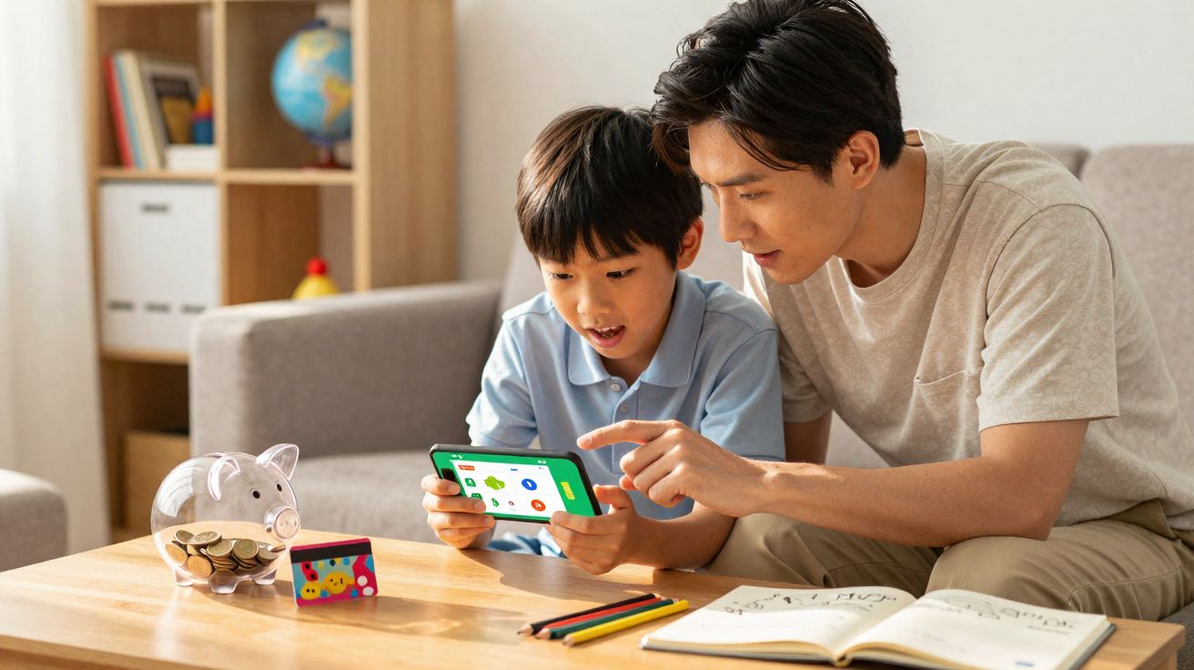 Pai e filho asiáticos sentados a brincar com um tablet numa sala com mealheiro e livro numa mesa de madeira.