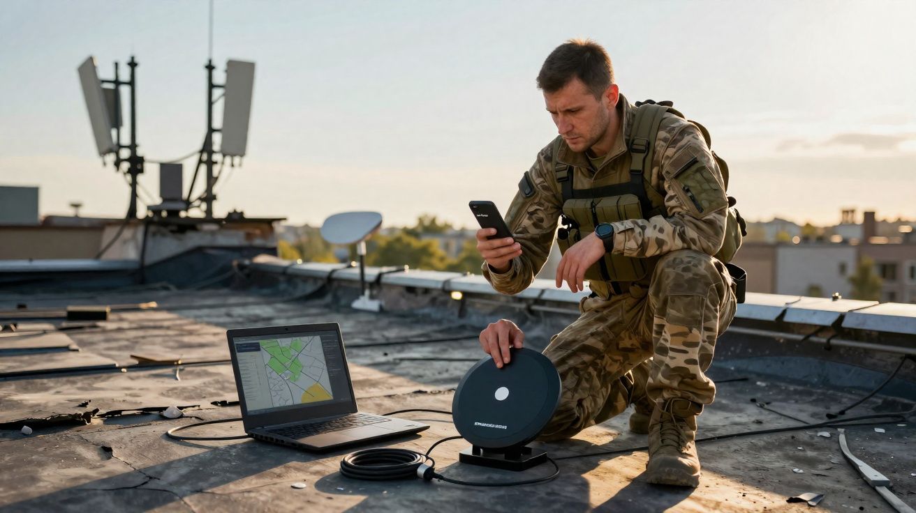 Militar em uniforme camuflado usa smartphone perto de laptop com mapa e equipamento de comunicação no telhado.