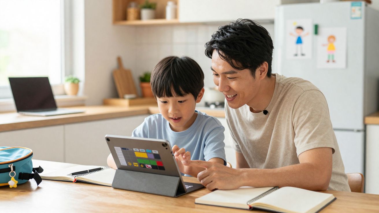 Pai e filho sentados à mesa da cozinha a usar um tablet para estudar juntos com cadernos abertos.
