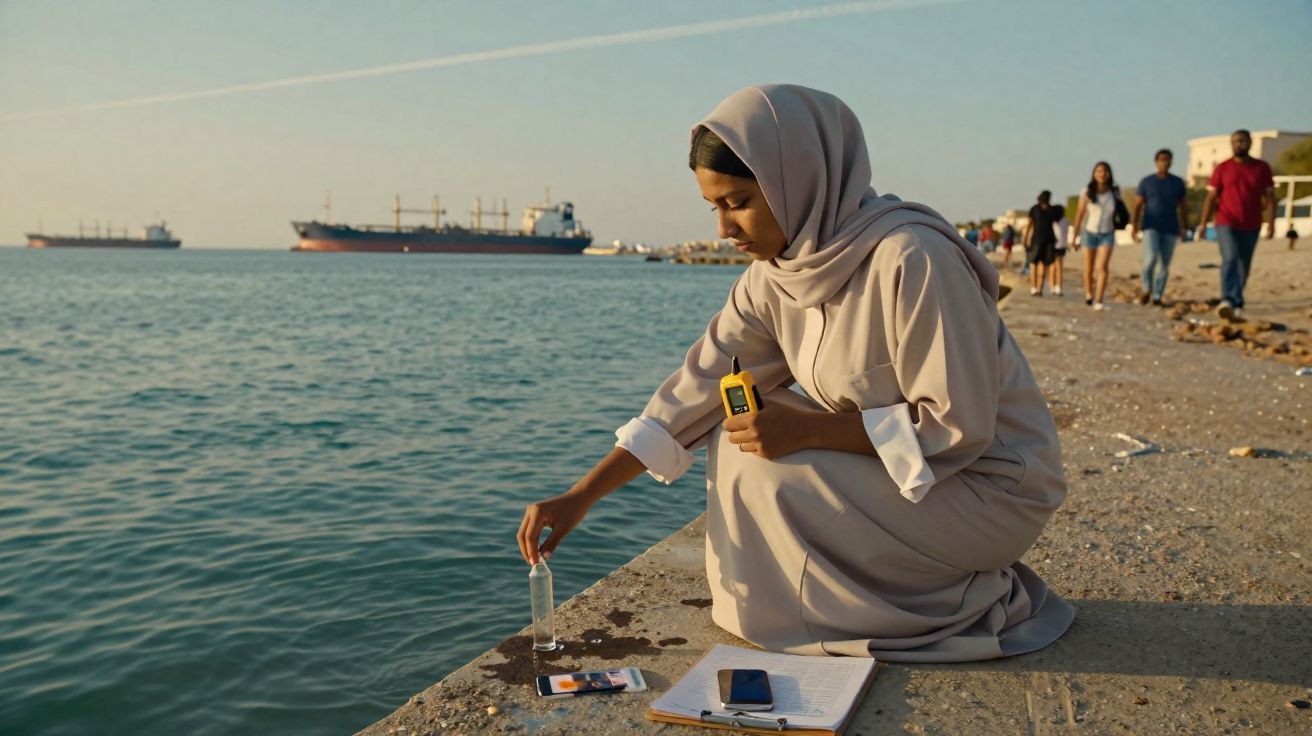 Mulher com hijab recolhe amostra de água no cais junto ao mar com navios ao fundo e pessoas a caminhar.