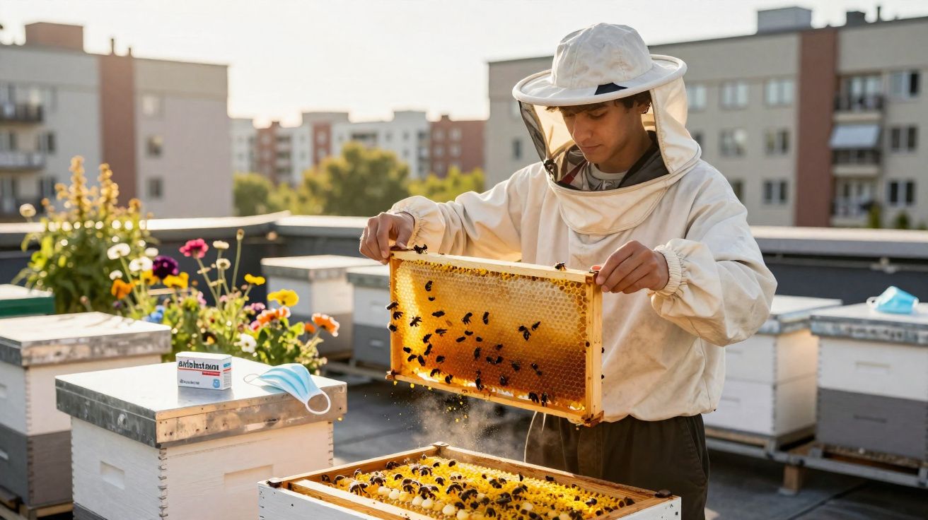 Apicultor jovem com fato protetor a inspecionar quadro de colmeia urbana no terraço de prédio.